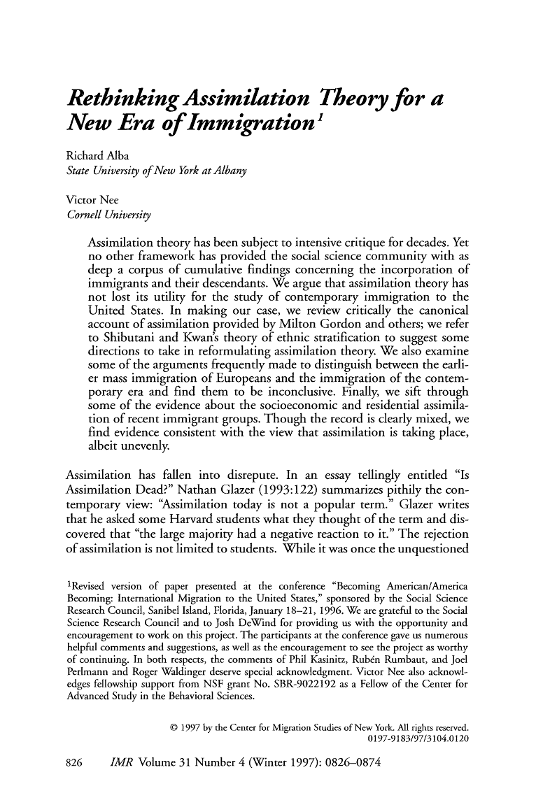 Page 826 of International Migration Review, Vol. 31, No. 4, Special Issue: Immigrant Adaptation and Native-Born Responses in the Making of Americans, 1997