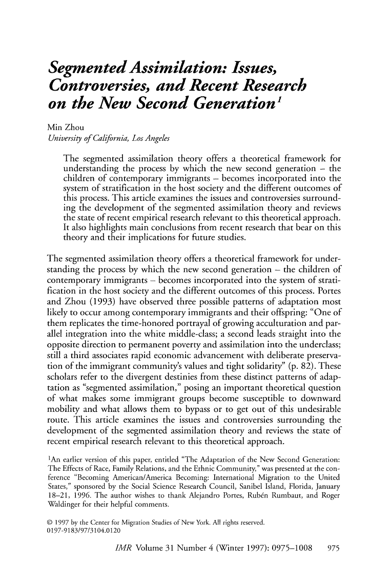 Page 975 of International Migration Review, Vol. 31, No. 4, Special Issue: Immigrant Adaptation and Native-Born Responses in the Making of Americans, 1997